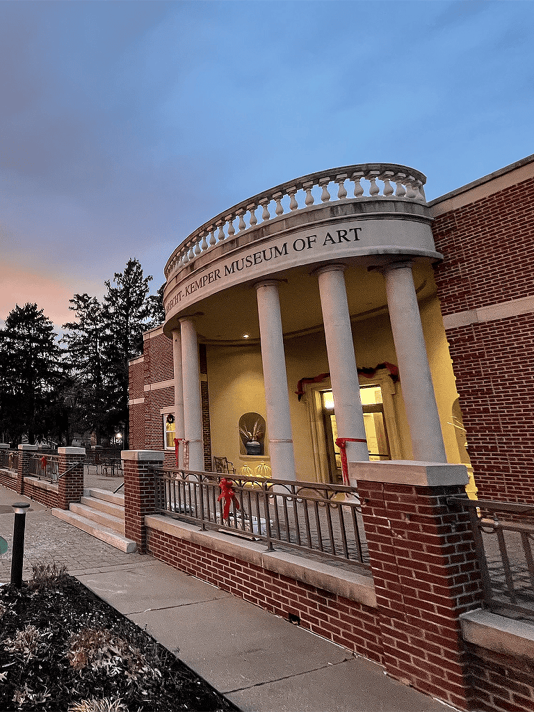 Historic Kemper Museum of Art entrance showcasing classic architecture with brick and columns.