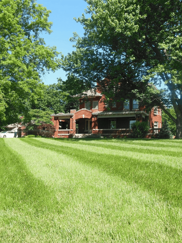 Beautiful brick house with lush green lawn and mature trees, perfect for neighborhood living and outdoor activities.
