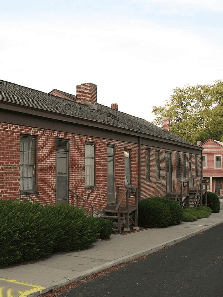 Brick row houses with steps and shrubbery, urban neighborhood setting.