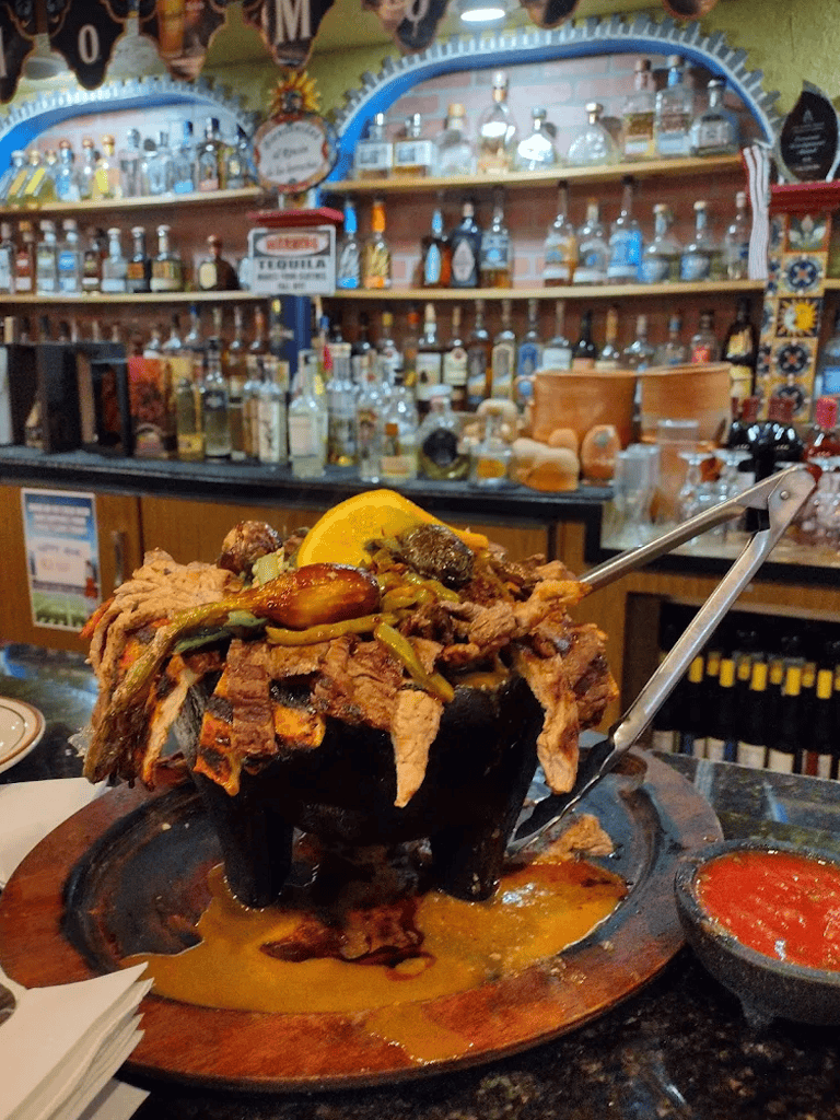 Steak Served on Hot Stone with Decorations, Mexican Restaurant, Tacos, Salsa Sauce, Bar, Beverages, Cuisine, Food, Mexican Food.