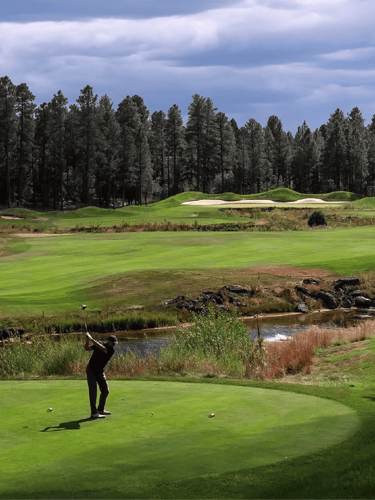 Aerial view of a lush golf course with a golfer swinging, surrounded by tall pine trees and scenic water features.