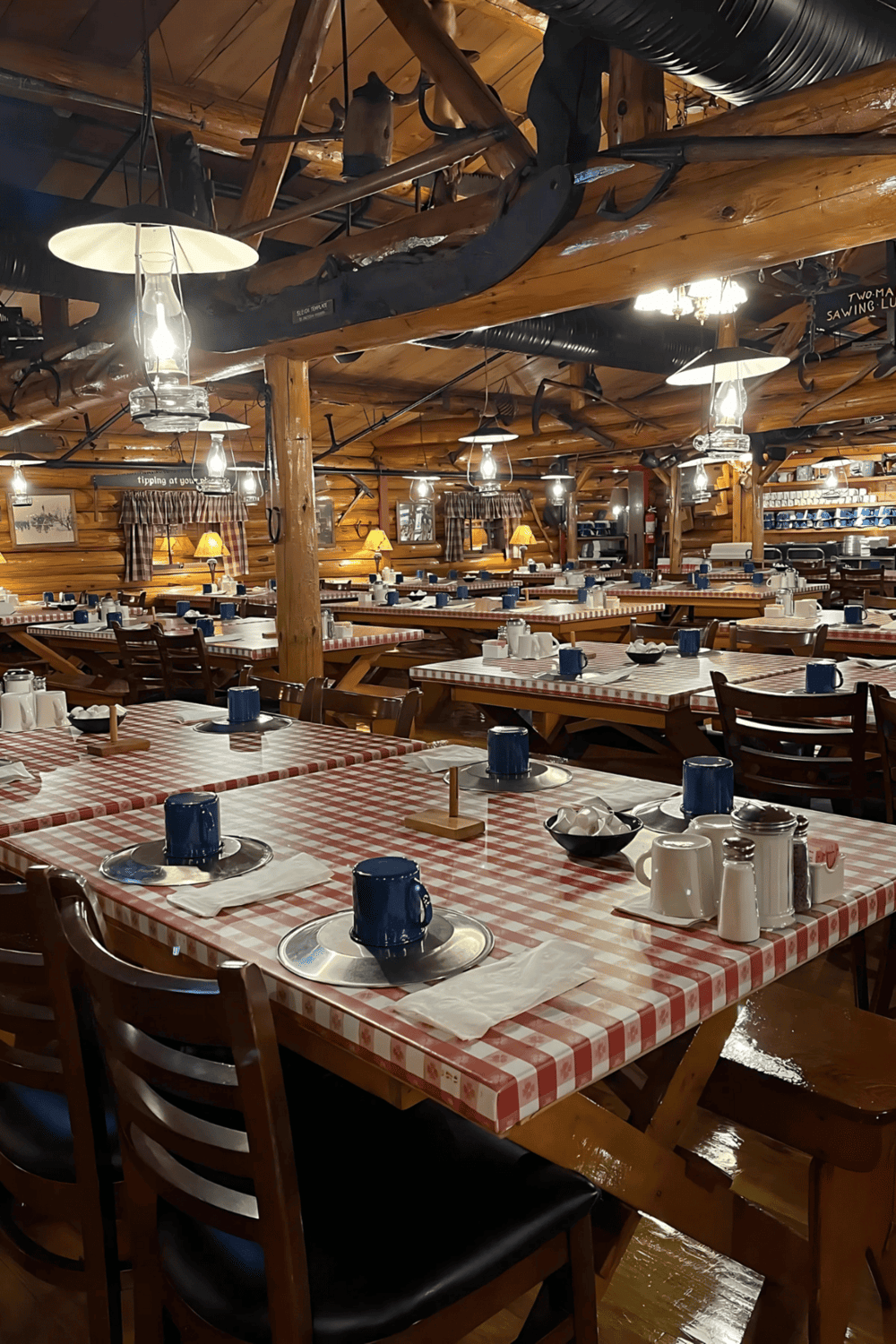 Cozy rustic lodge dining room with checkered tablecloths and wooden decor, perfect for outdoor adventure enthusiasts.