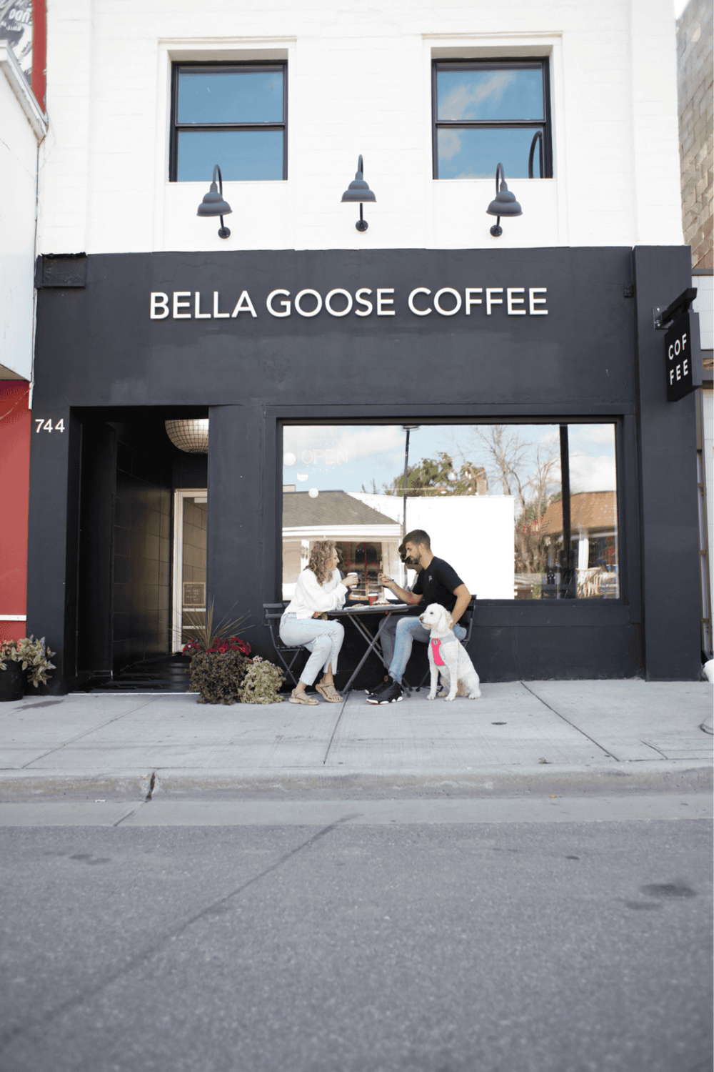 Cozy coffee shop for pet owners with dog-friendly outdoor seating at Bella Goose Coffee.