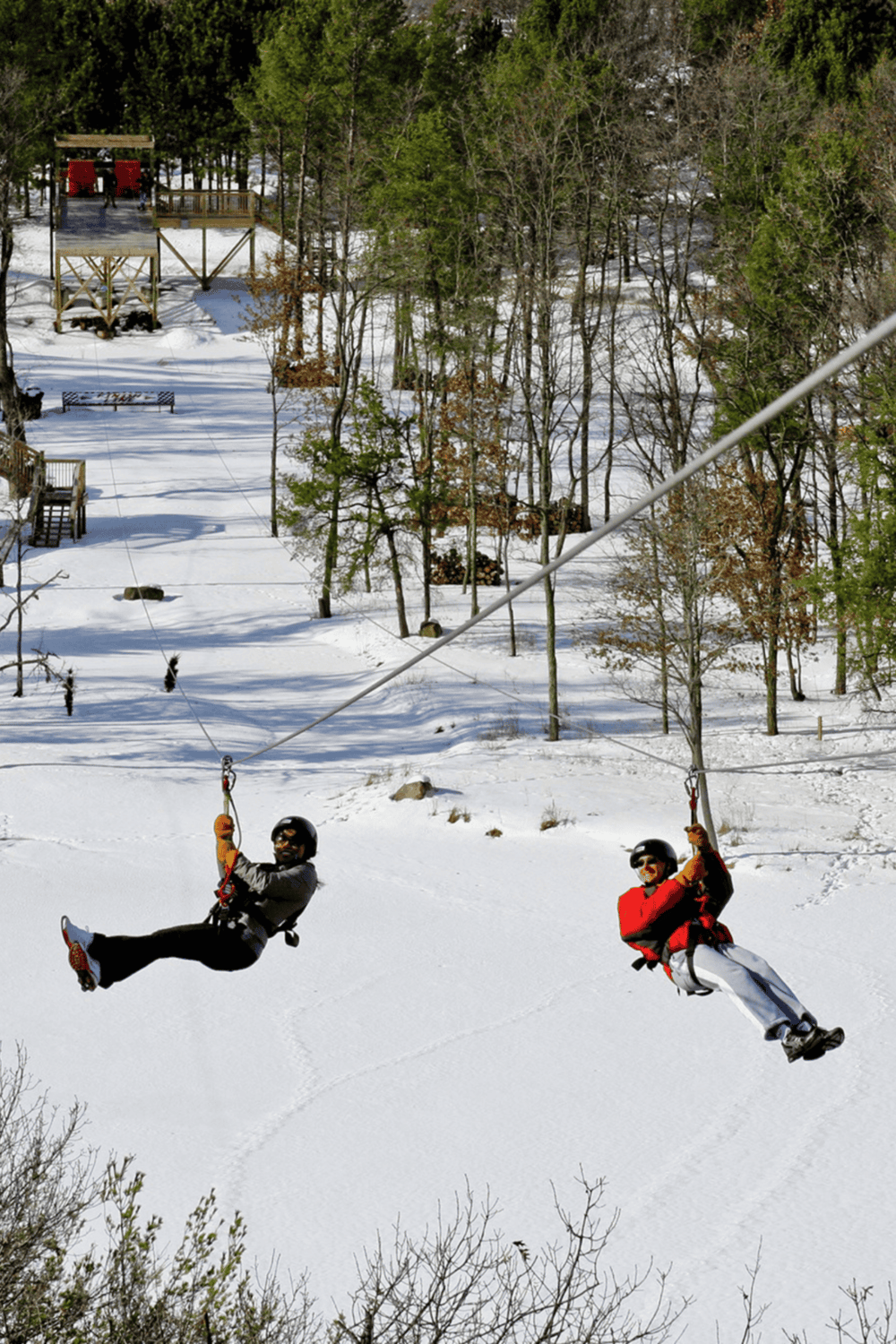 1. Snow-covered forest with ziplining activity at QuestForDirections adventure park.