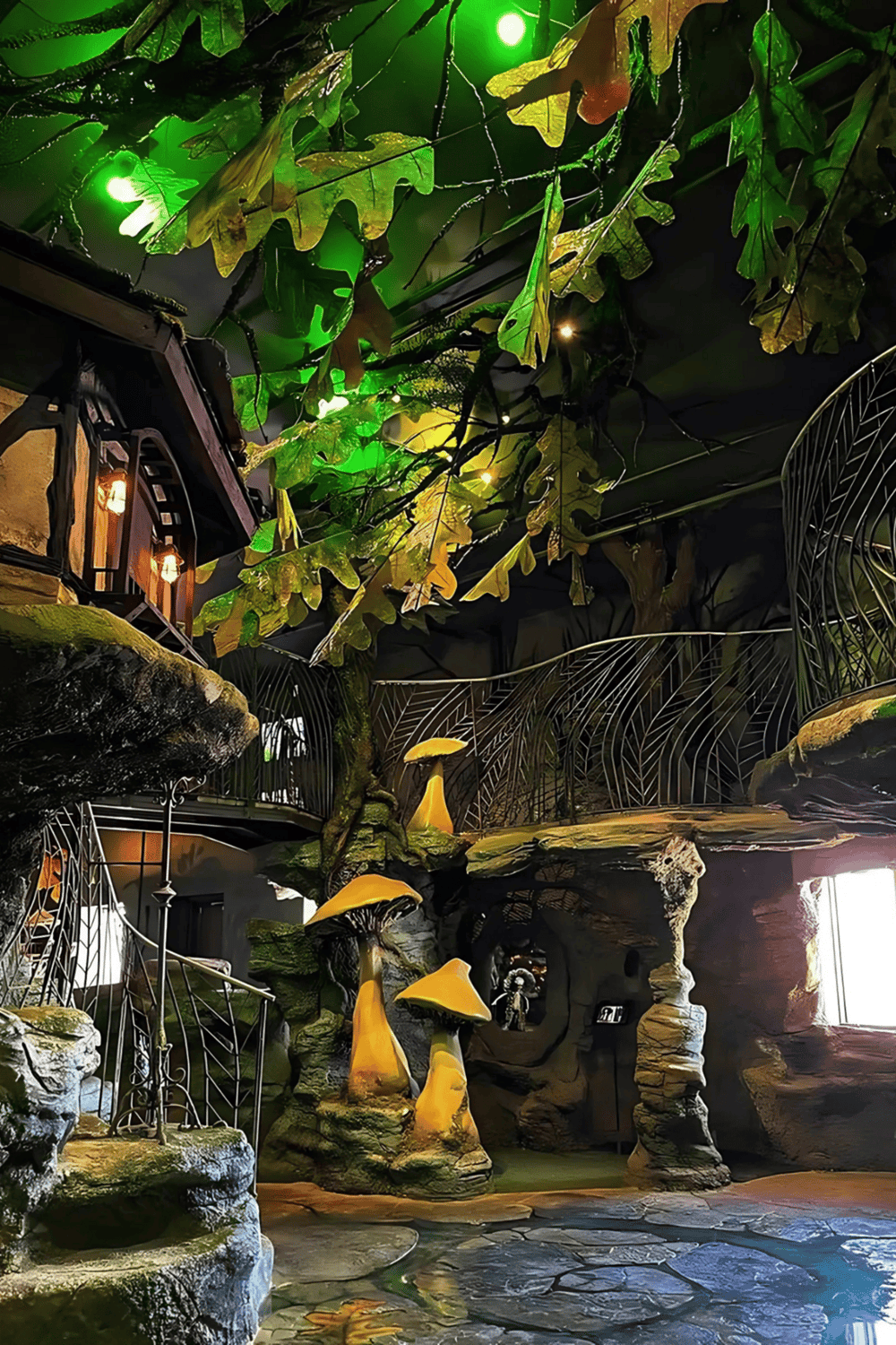 Lush indoor jungle scene with giant mushrooms, green leaves, and whimsical lighting, creating a magical forest atmosphere.