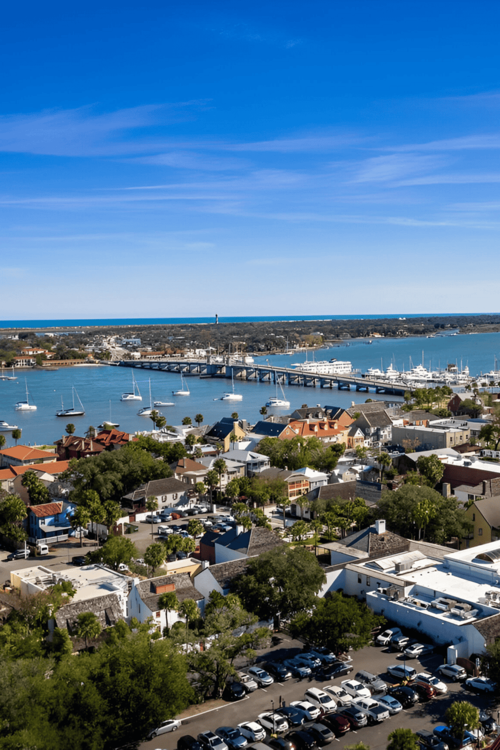 Coastal town with marina and boats, scenic waterfront, vibrant community, and clear blue sky.