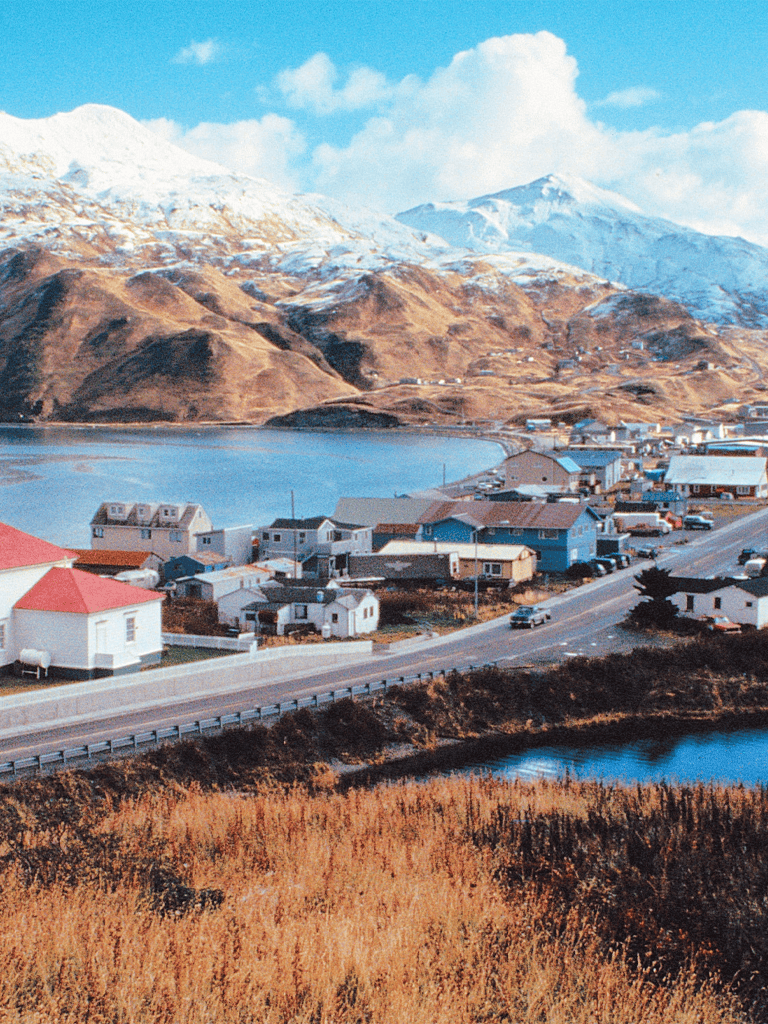 Coastal mountain village with colorful houses and snowy peaks in the background.