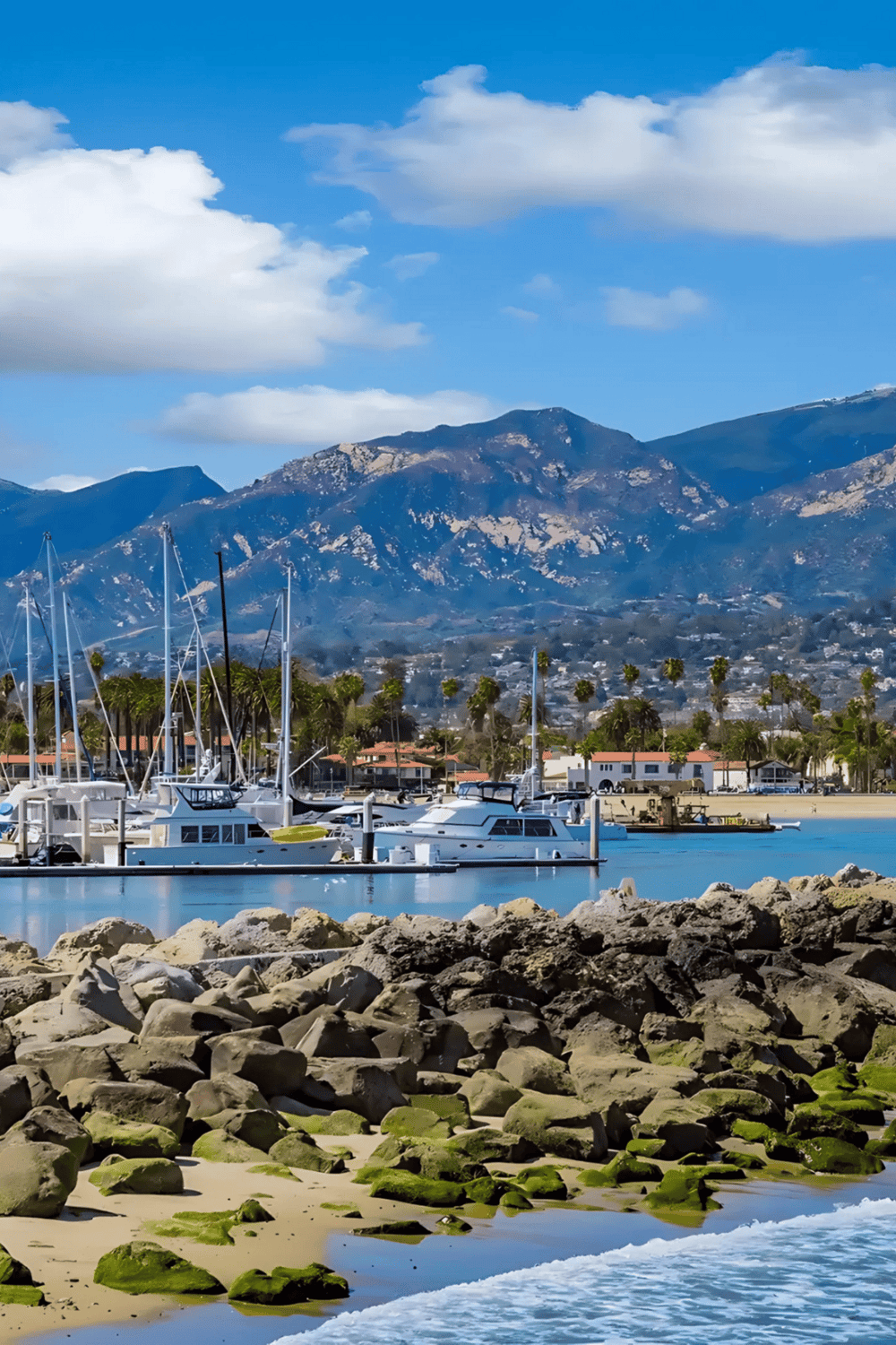 Modern marina with sailboats against rocky coast and mountain backdrop in sunny weather.