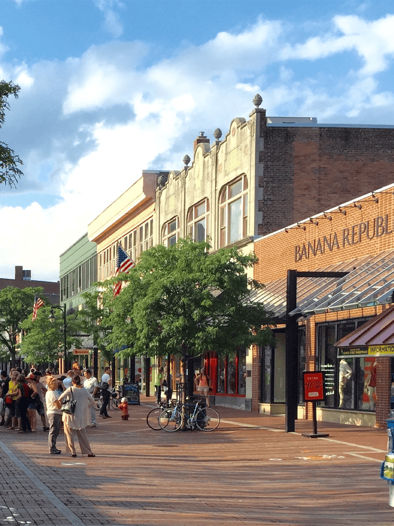Colorful downtown street with shops, trees, and people enjoying a sunny day in a lively urban shopping district.