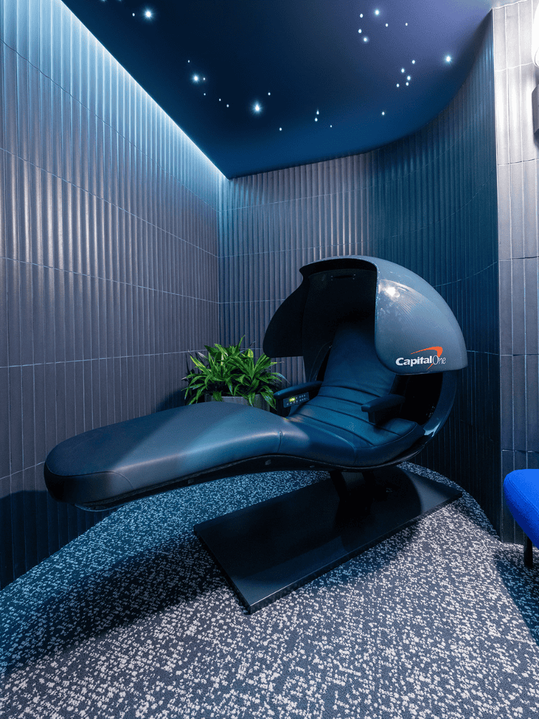 Relaxation pod for stress relief and comfort in modern wellness center.