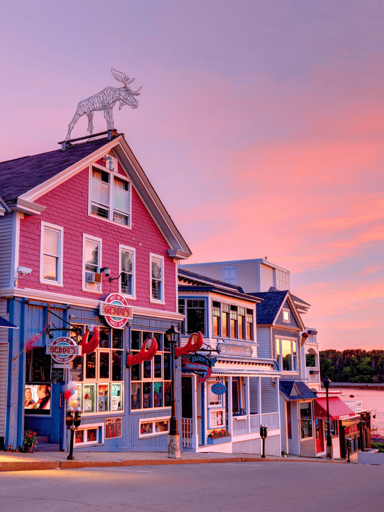 Colorful waterfront buildings at sunset with popular restaurant signage and decorative moose sculpture on roof.