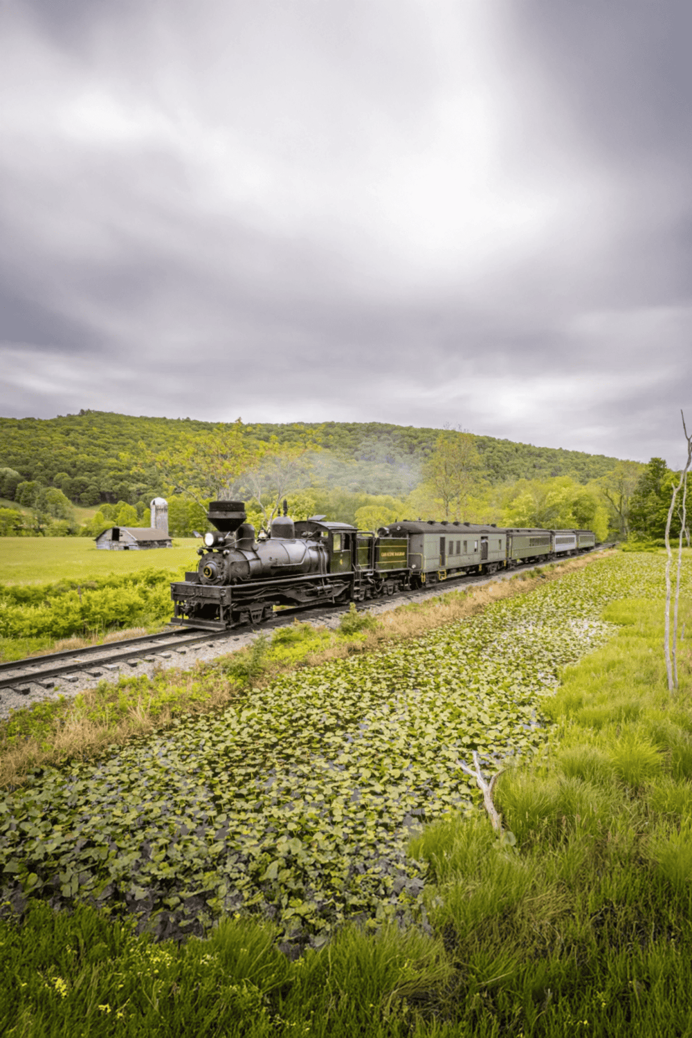 Vintage steam train traveling through lush green countryside with rolling hills and farmland.