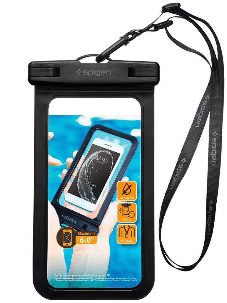 Waterproof smartphone pouch with 6-inch screen, ideal for outdoor adventures.