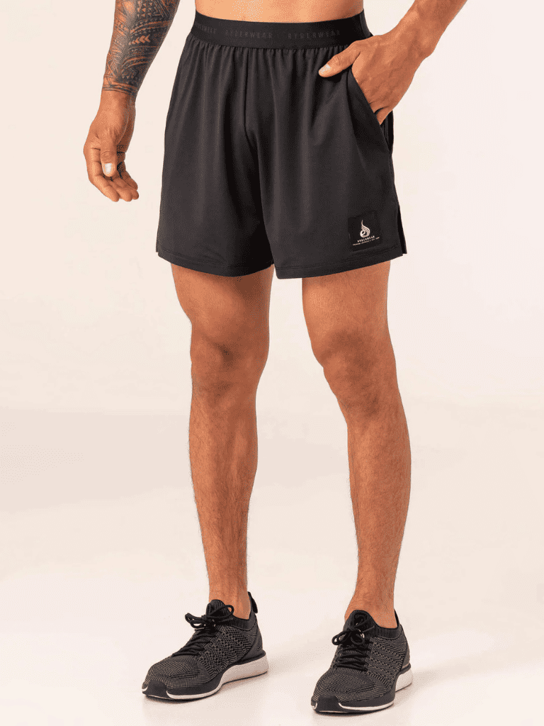 Performance athletic shorts with logo, men's sportswear, comfortable workout apparel, black gym shorts.