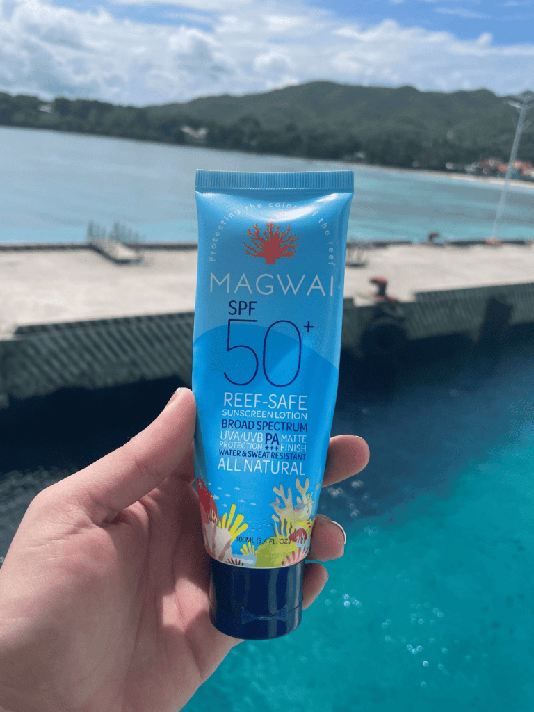SPF 50 reef-safe sunscreen lotion for sun protection, water-resistant, all-natural ingredients.