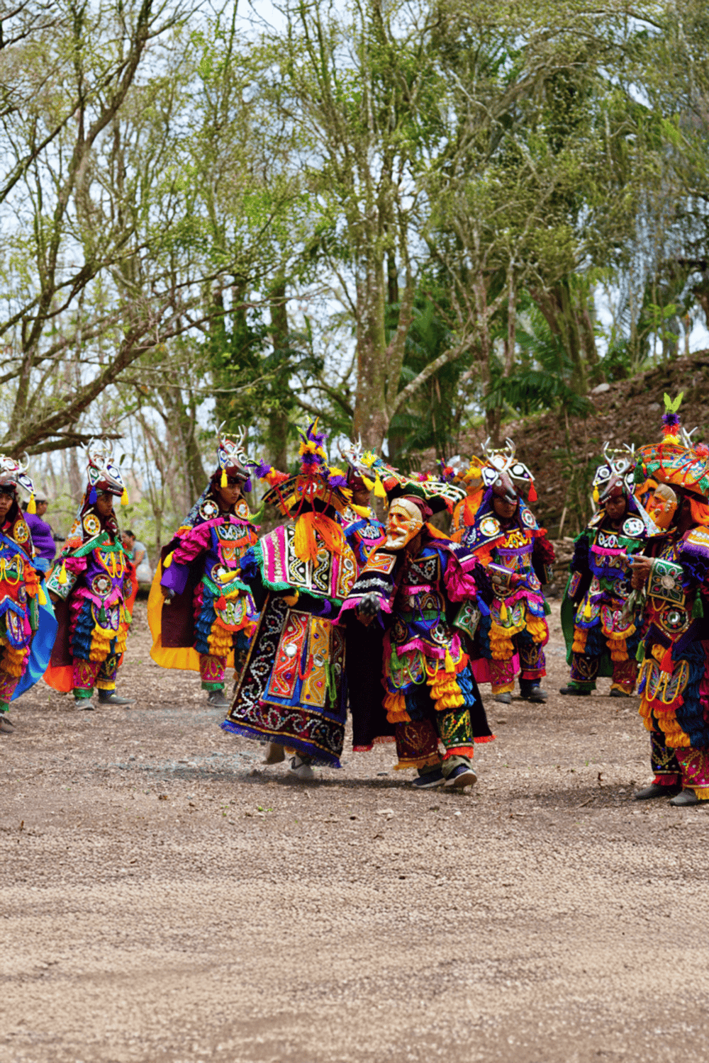 Colorful traditional cultural dance performance featuring vibrant costumes in lush outdoor setting.