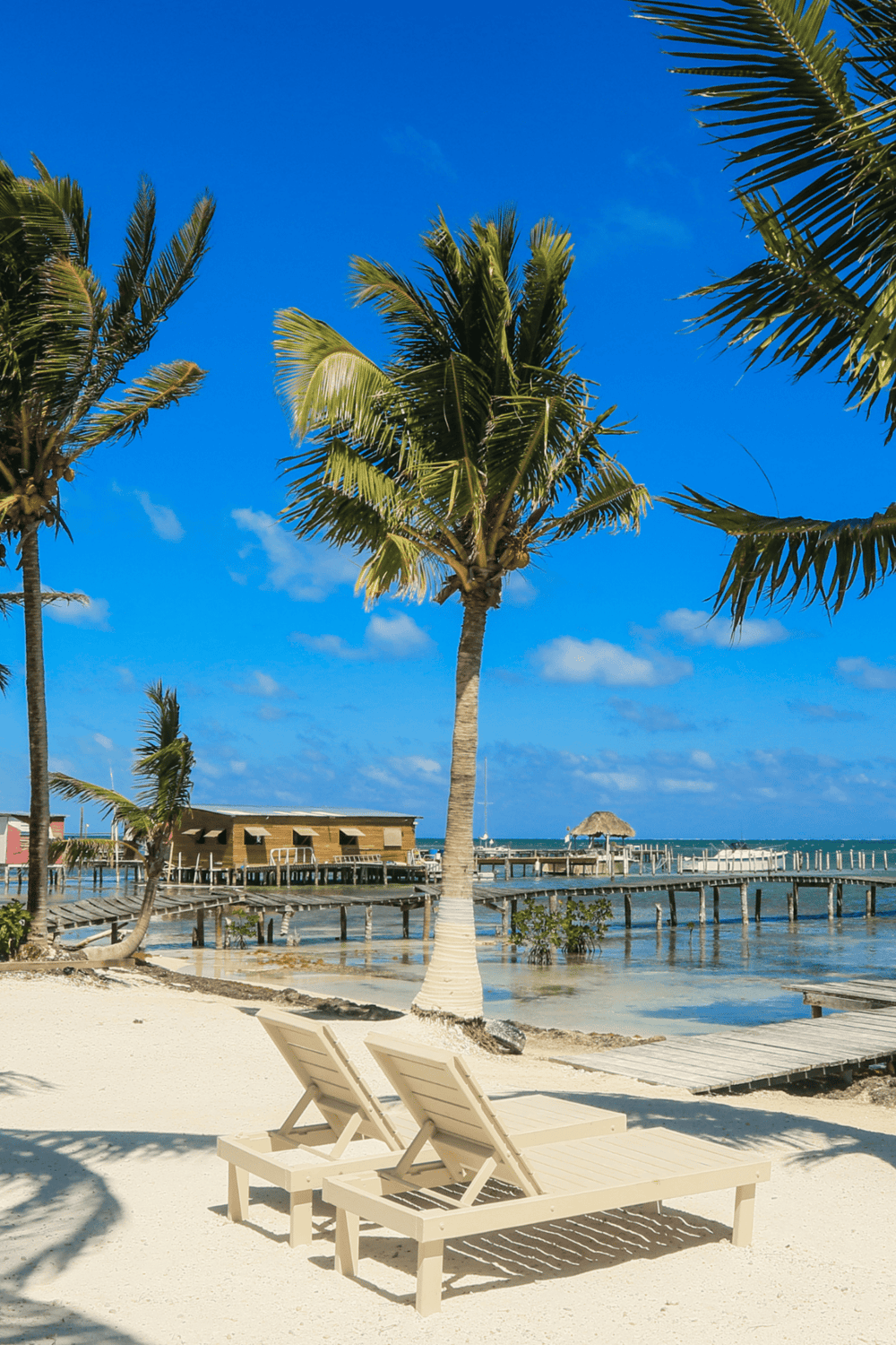 Relaxing tropical beach with palm trees, wooden docks, and clear blue waters.