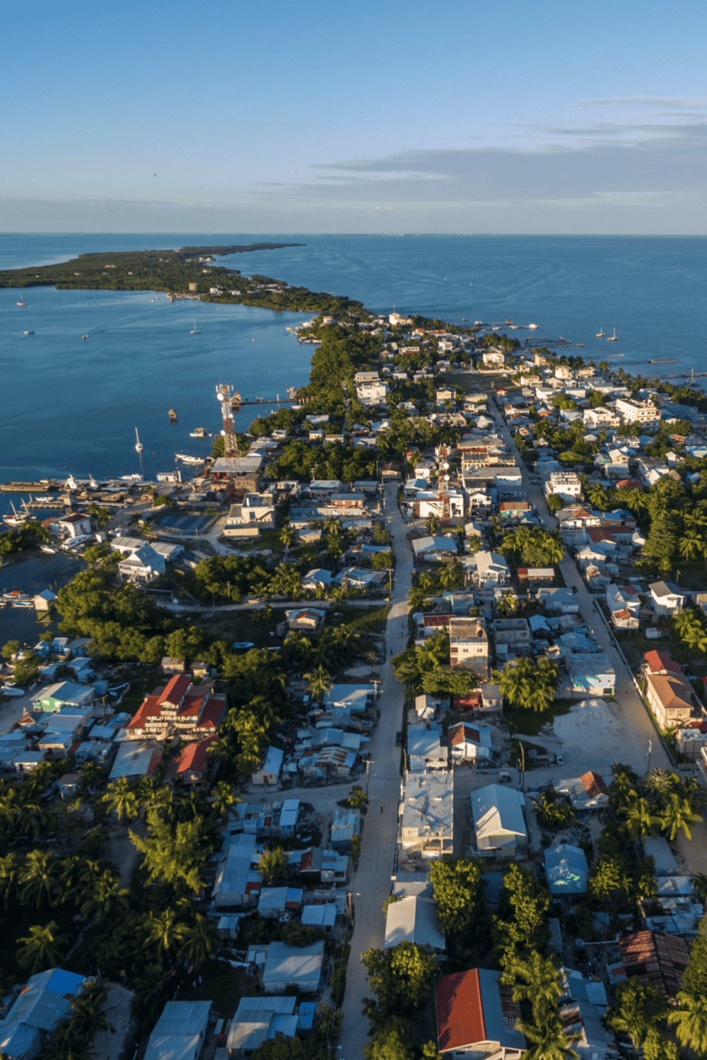 Vibrant tropical coastal town with boat docks, lush greenery, and ocean views.