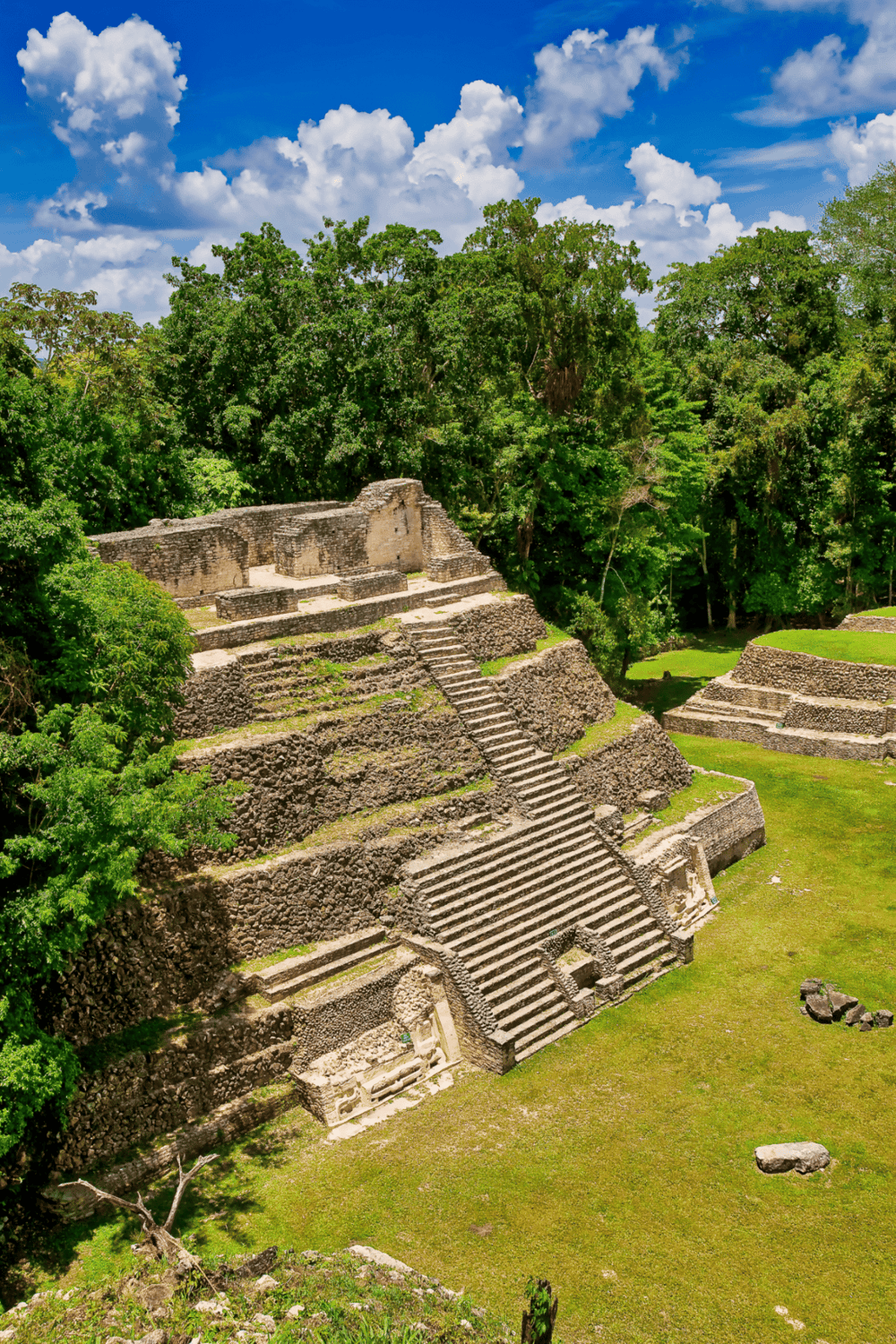 Ancient Mayan pyramid ruins in lush jungle, historic archaeological site for exploration.