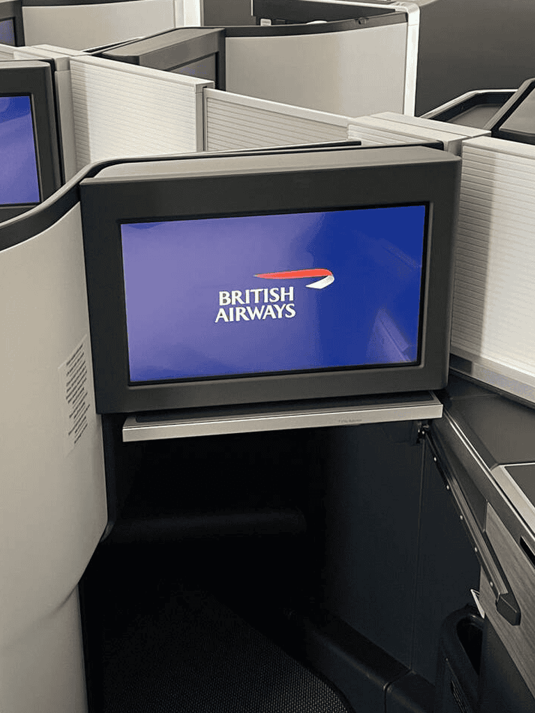 British Airways in-flight entertainment system at airport.