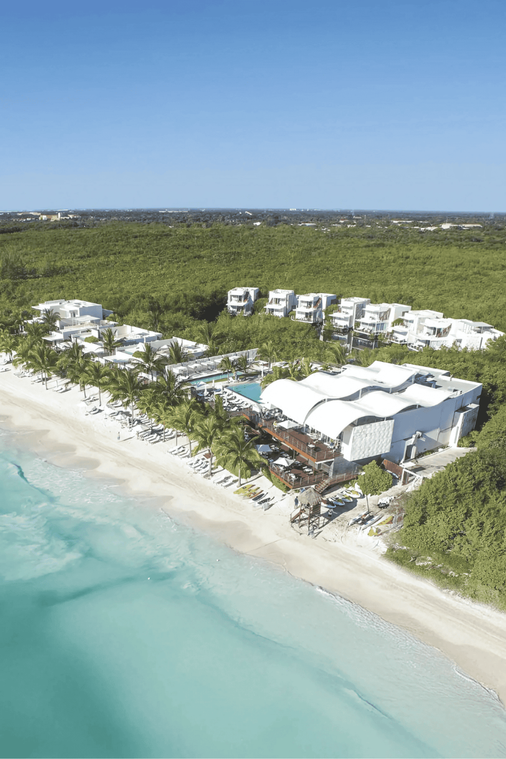 Modern beachfront hotel with white architecture and tropical palm trees on pristine sandy beach.