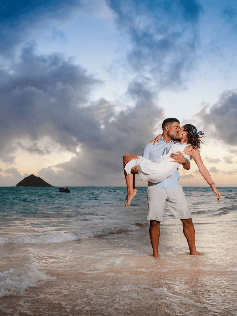 1. Loving couple on the beach at sunset, romantic getaway destination.