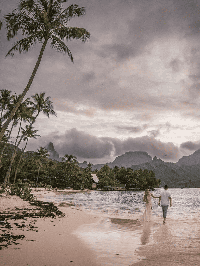 Swimmer walking on tropical beach with palm trees, mountains, and cloudy sky - perfect for travel planning and adventure.