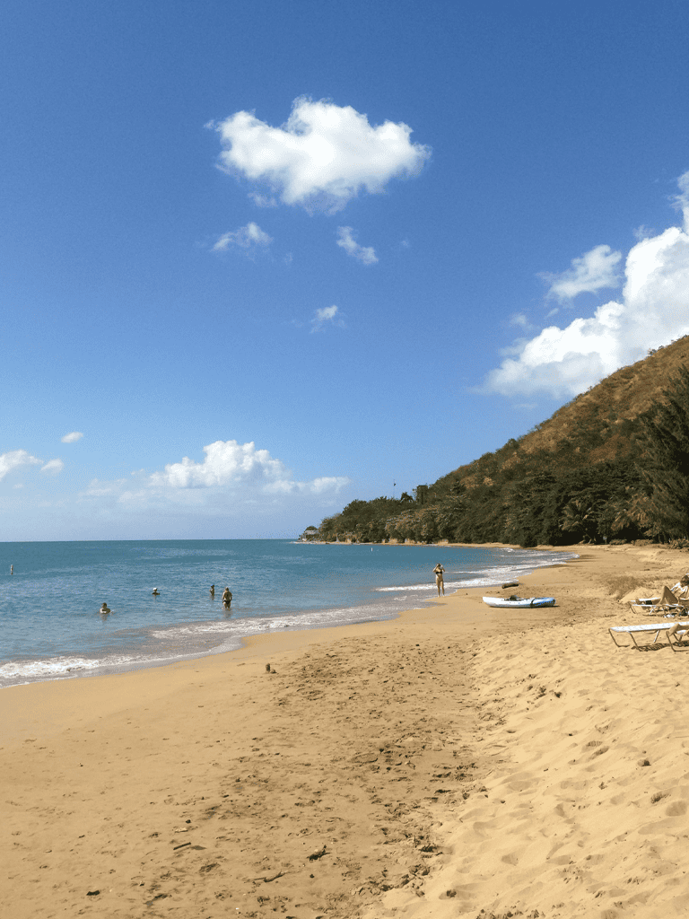 Relaxing beach scene with clear blue sky, sandy shore, and people enjoying coastal ocean views.