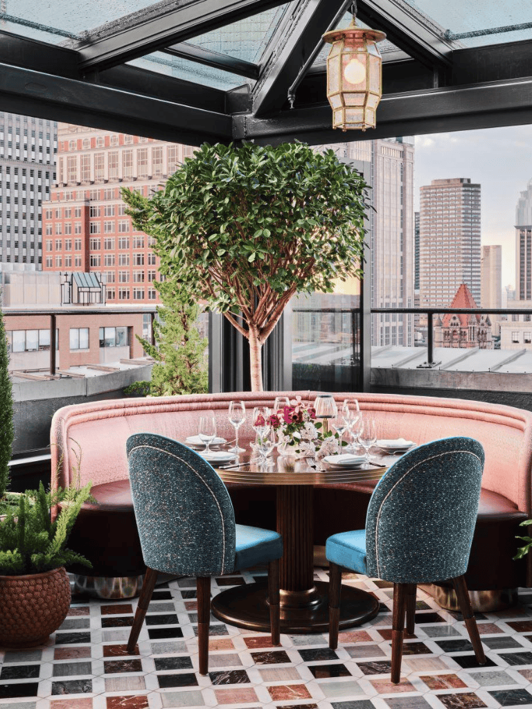 Luxurious rooftop dining with city skyline views and elegant decor at QuestForDirections.
