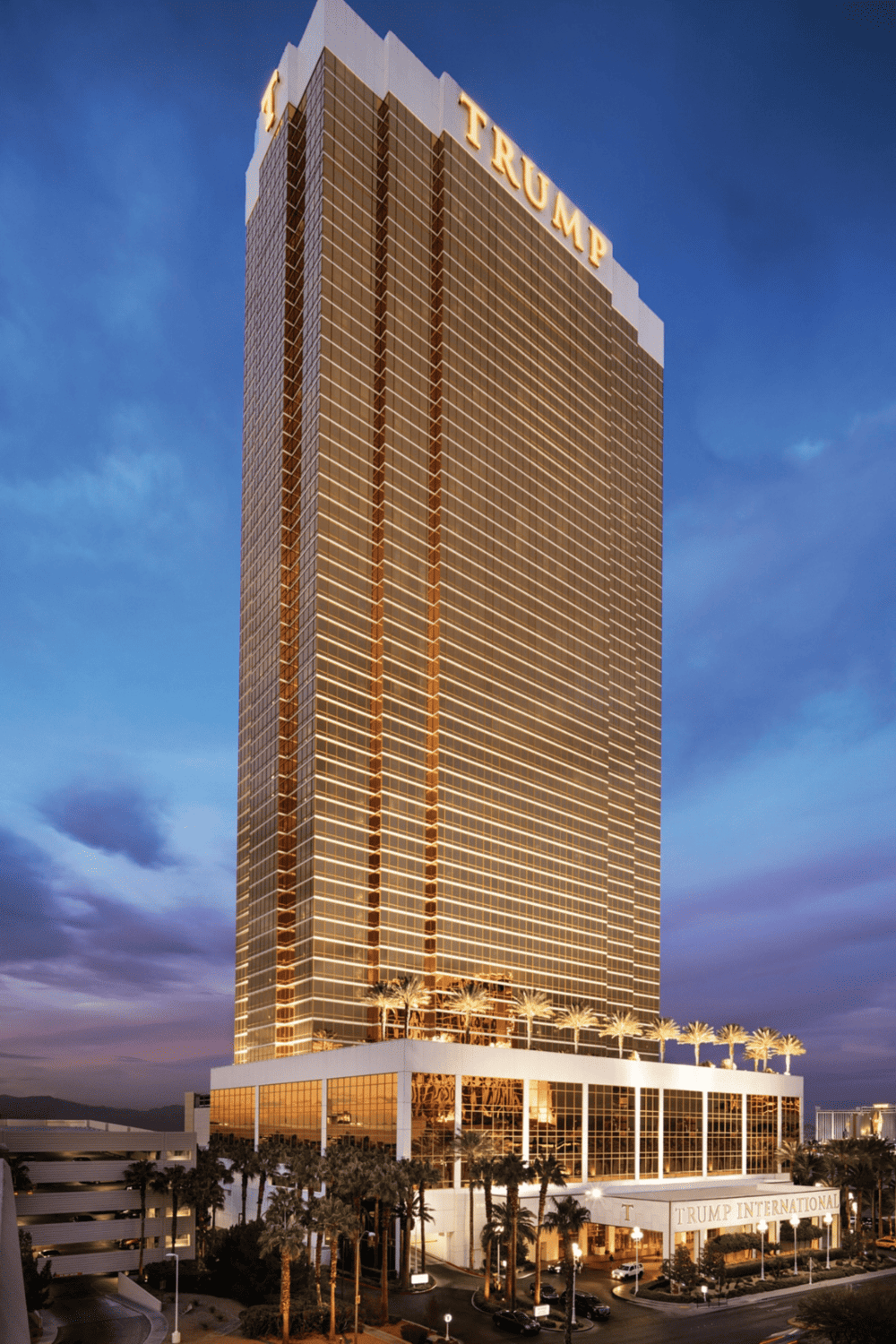 Luxury hotel in Las Vegas, Trump International Tower at dusk for travel and hospitality SEO.
