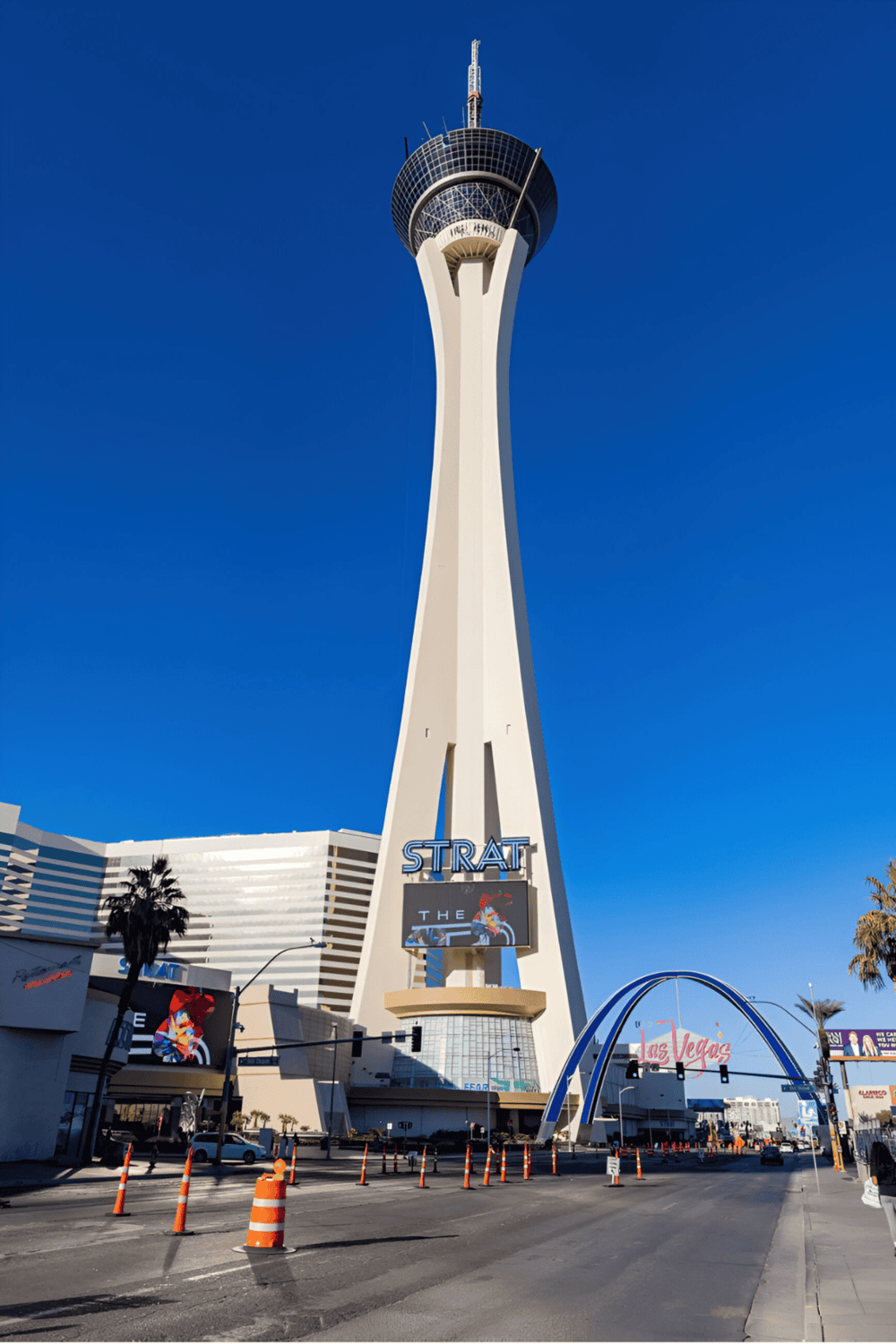 Bright and tall Las Vegas Stratosphere Tower with skyline view.