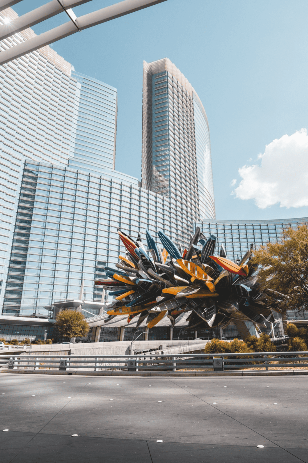 Modern cityscape with Finder's Keepers sculpture in downtown Los Angeles, California.