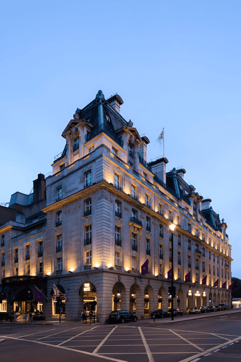 Luxury hotel in London with historic architecture and elegant lighting.