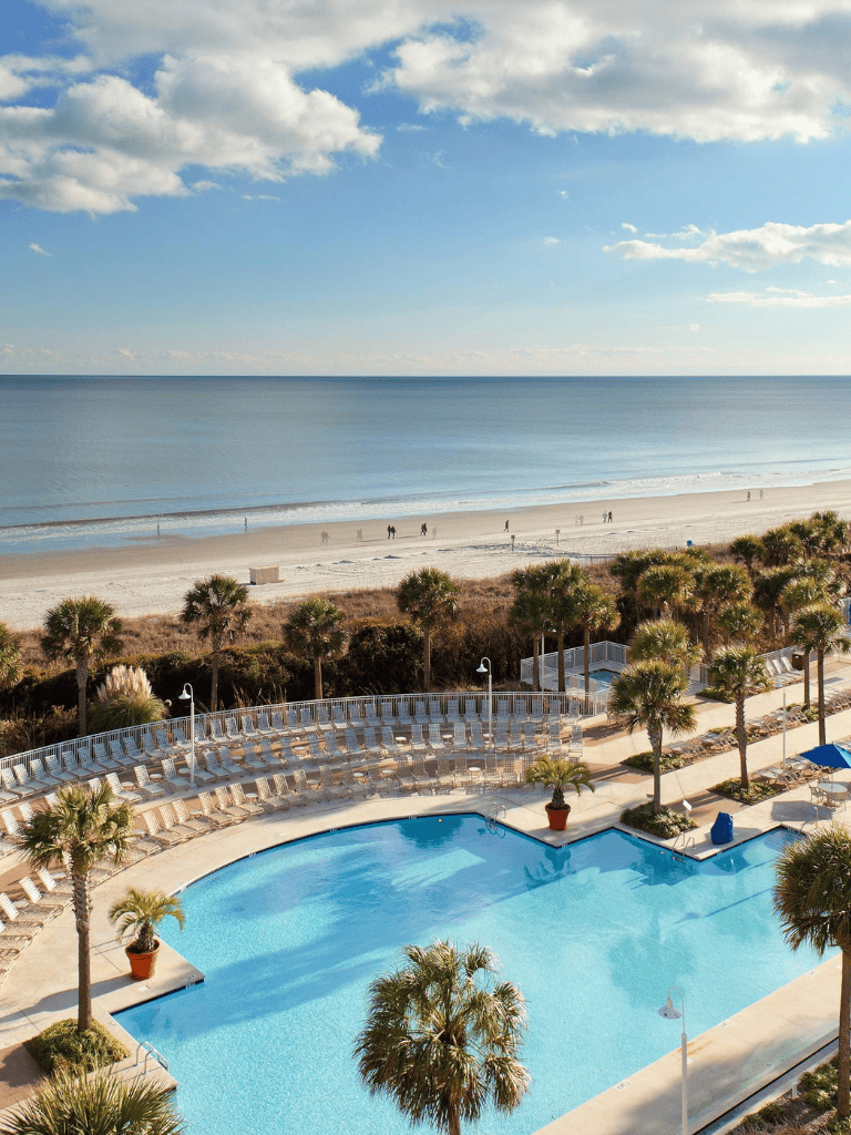 Relaxing beach view with pool and palm trees near the ocean, perfect for seaside vacation and leisure activities.