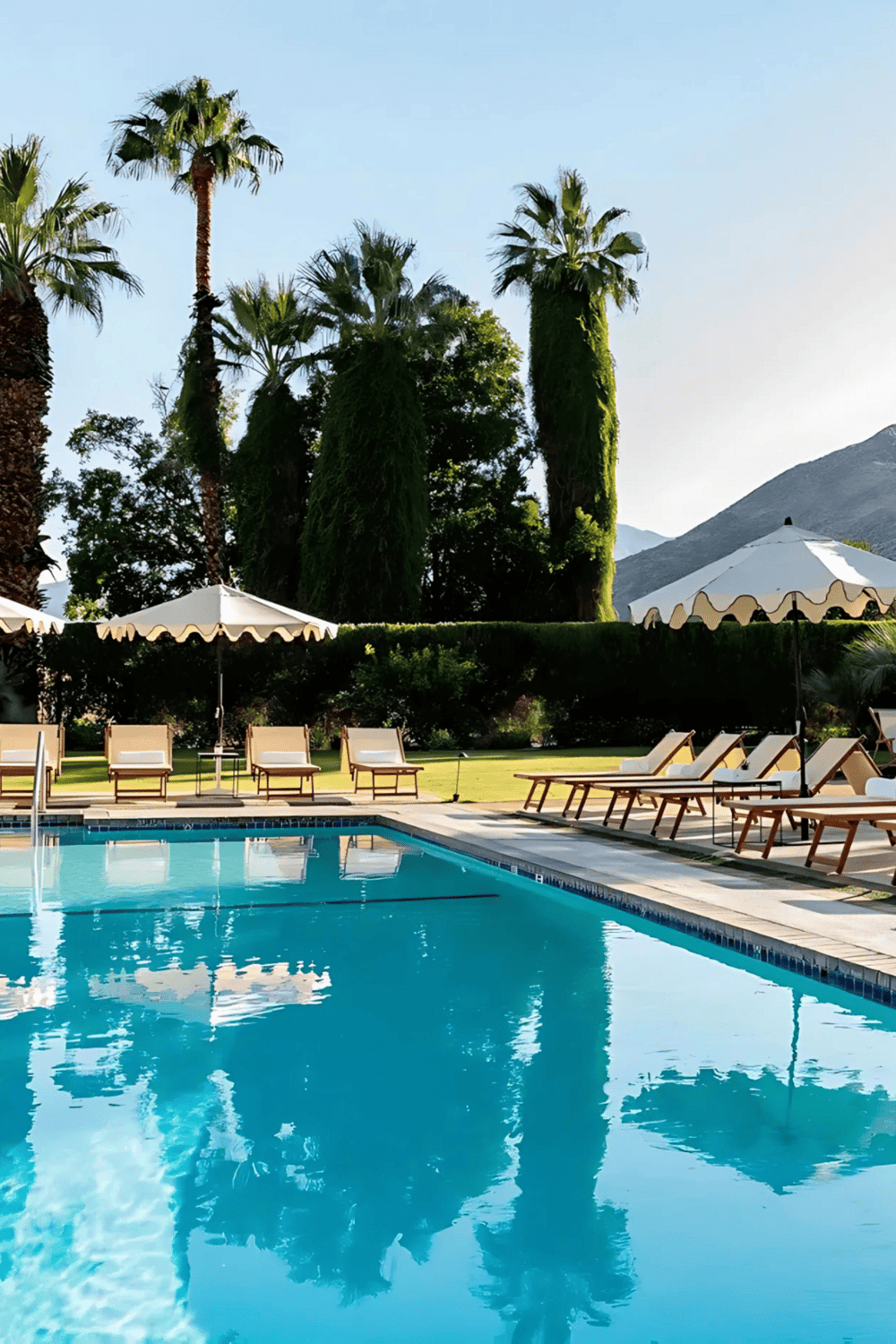 Relaxing poolside resort with palm trees and mountain view - perfect for vacations.