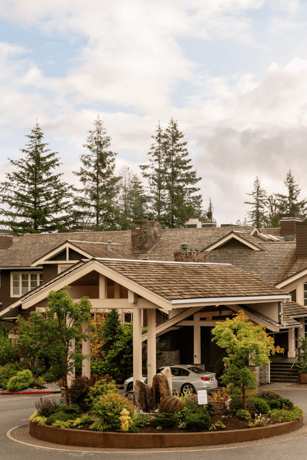 Charming residential house with landscaped garden and tall evergreen trees in the background.