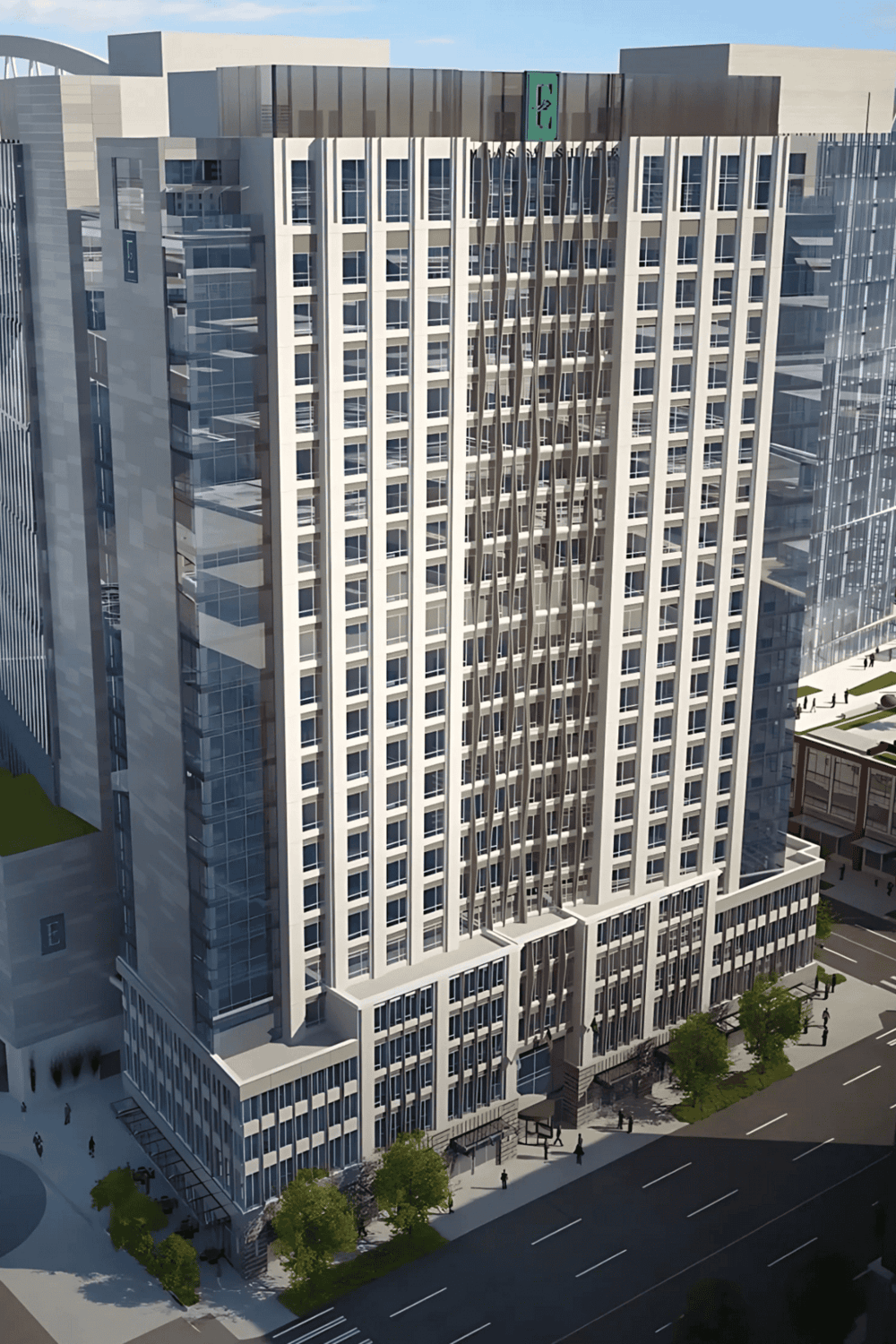 Modern commercial building exterior showcasing urban architecture with glass facade and high-rise design.