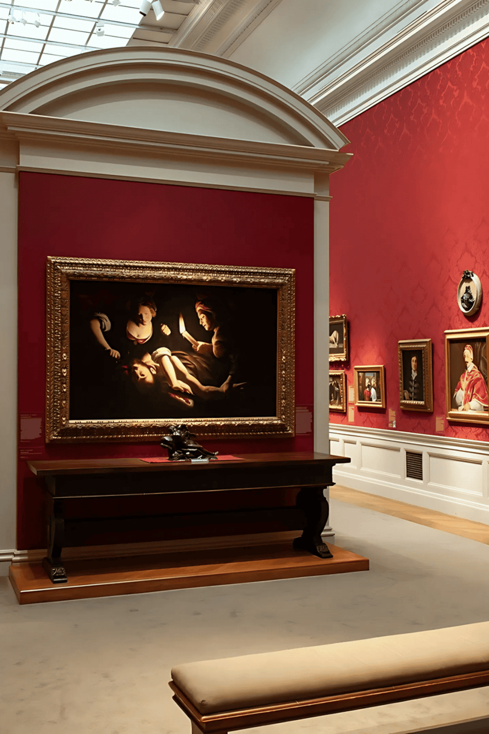 1. Antique art gallery with classic paintings and sculptures, elegant interior, high-end decor.