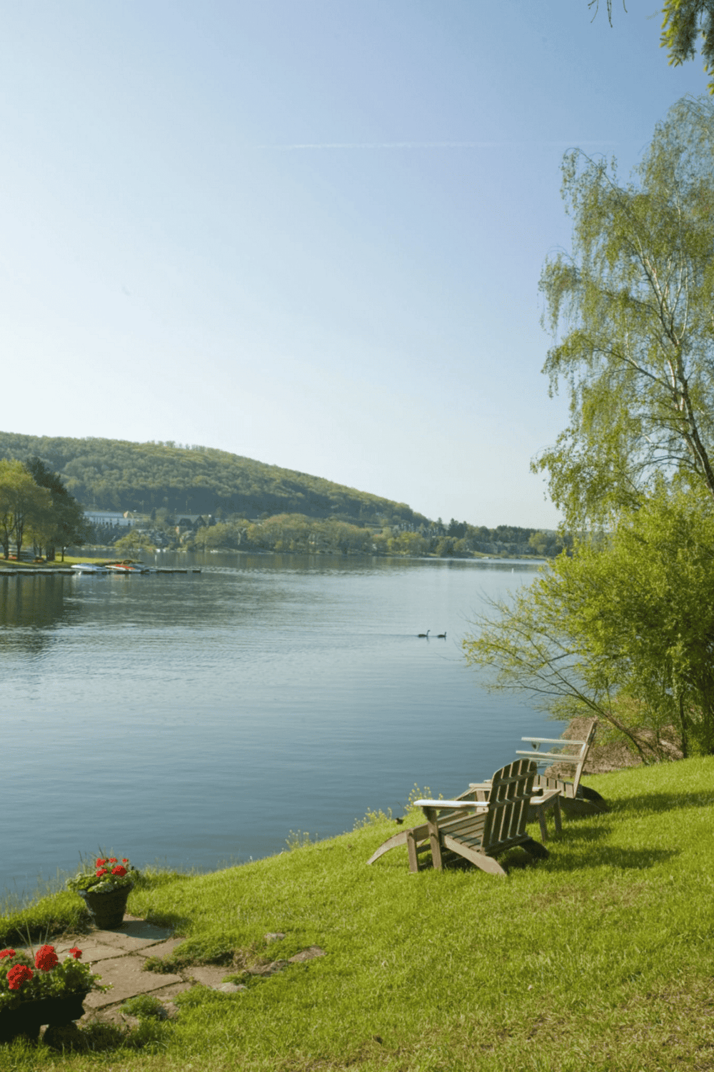 Tranquil lakeside scenery with benches and lush greenery, perfect for relaxation and outdoor exploration.