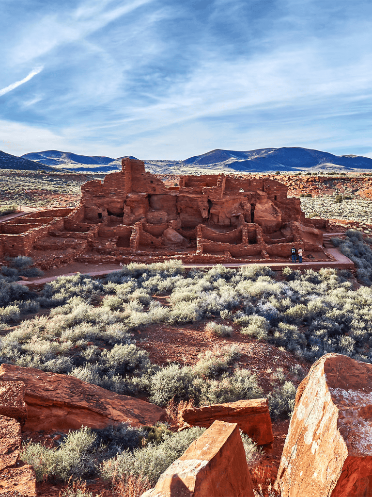 Ancient ruins of a red sandstone cliff dwelling surrounded by desert shrubs and distant mountains under a blue sky.