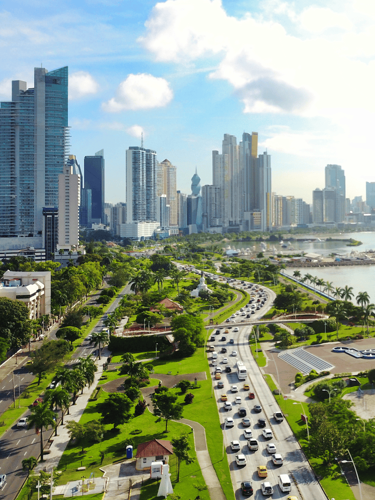 Modern city skyline with lush green parks and busy traffic in downtown metropolis.