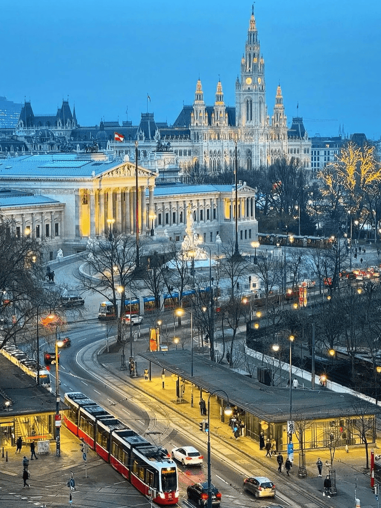 Historic city hall with gothic architecture in Vienna Austria during evening.