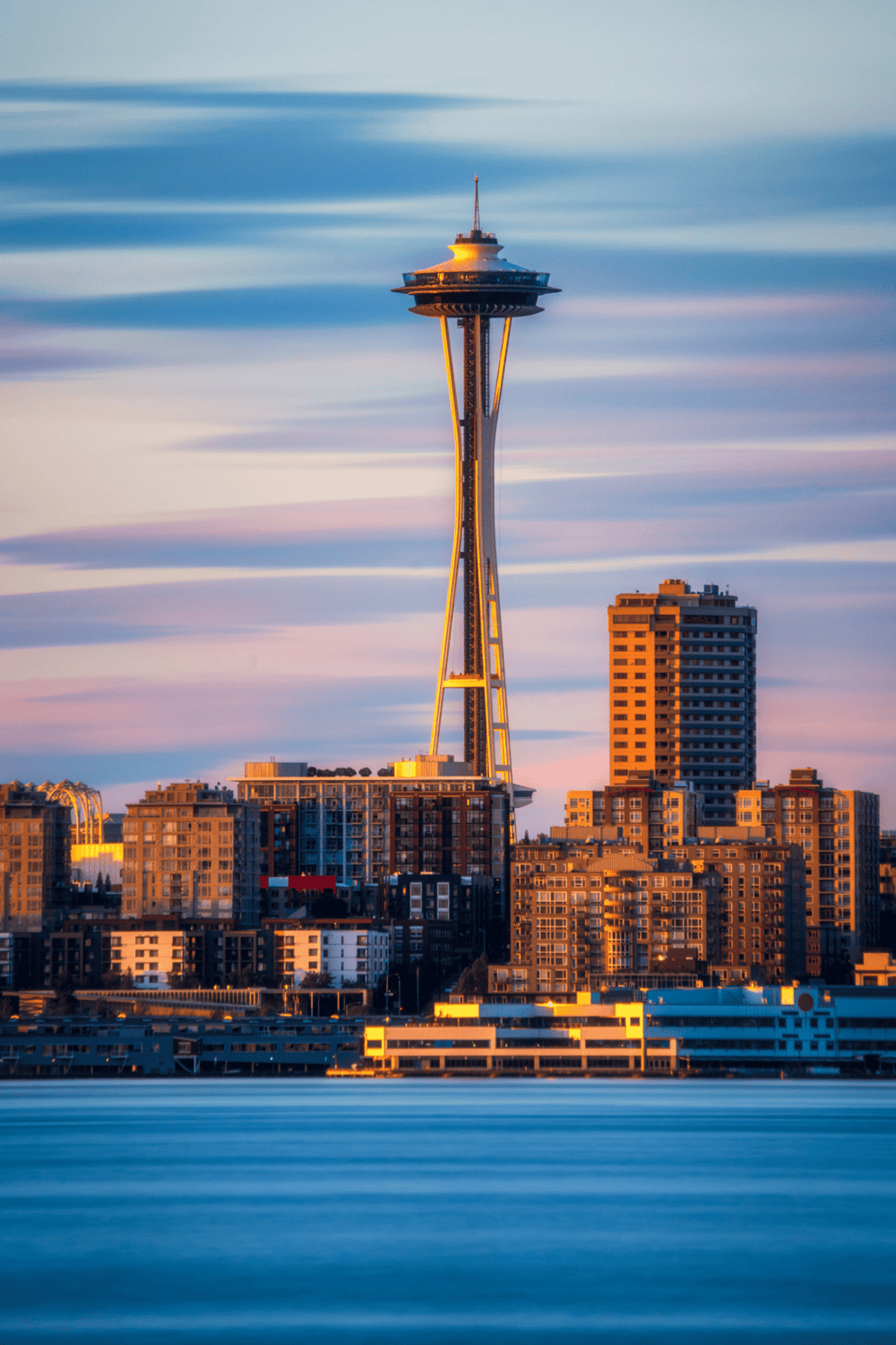 Seattle Space Needle over City Skyline at Sunset, iconic landmark.
