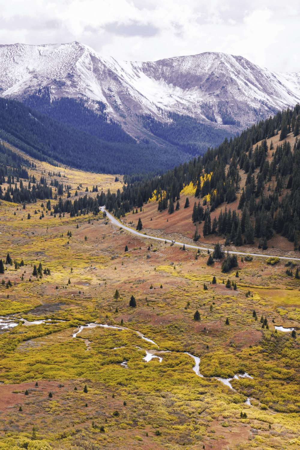 Snow-capped mountains in scenic wilderness with winding road and lush greenery.