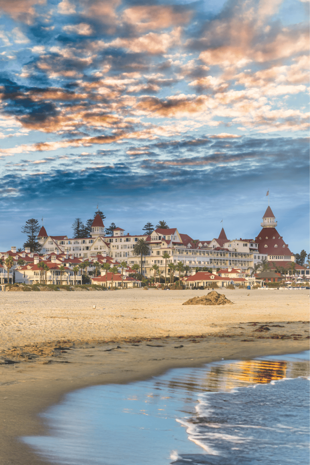 Luxurious beachfront resort overlooking the ocean at sunset.