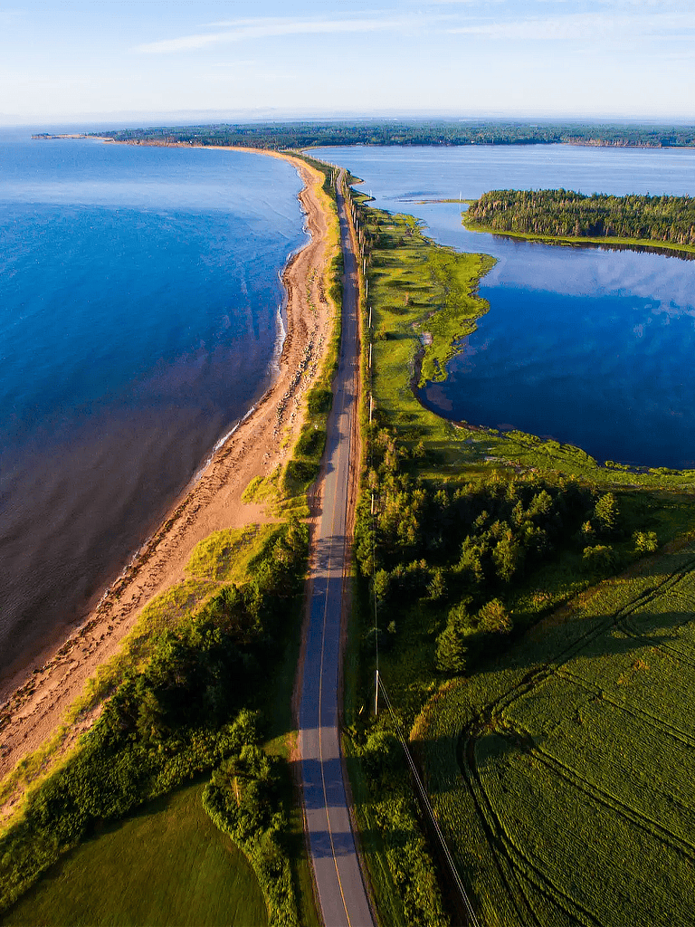 Seaside coastal road with scenic water views and lush greenery in the background.