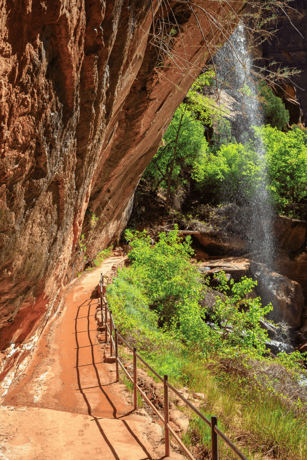 Rugged canyon trail alongside a waterfall with vibrant green foliage and red rock formations.
