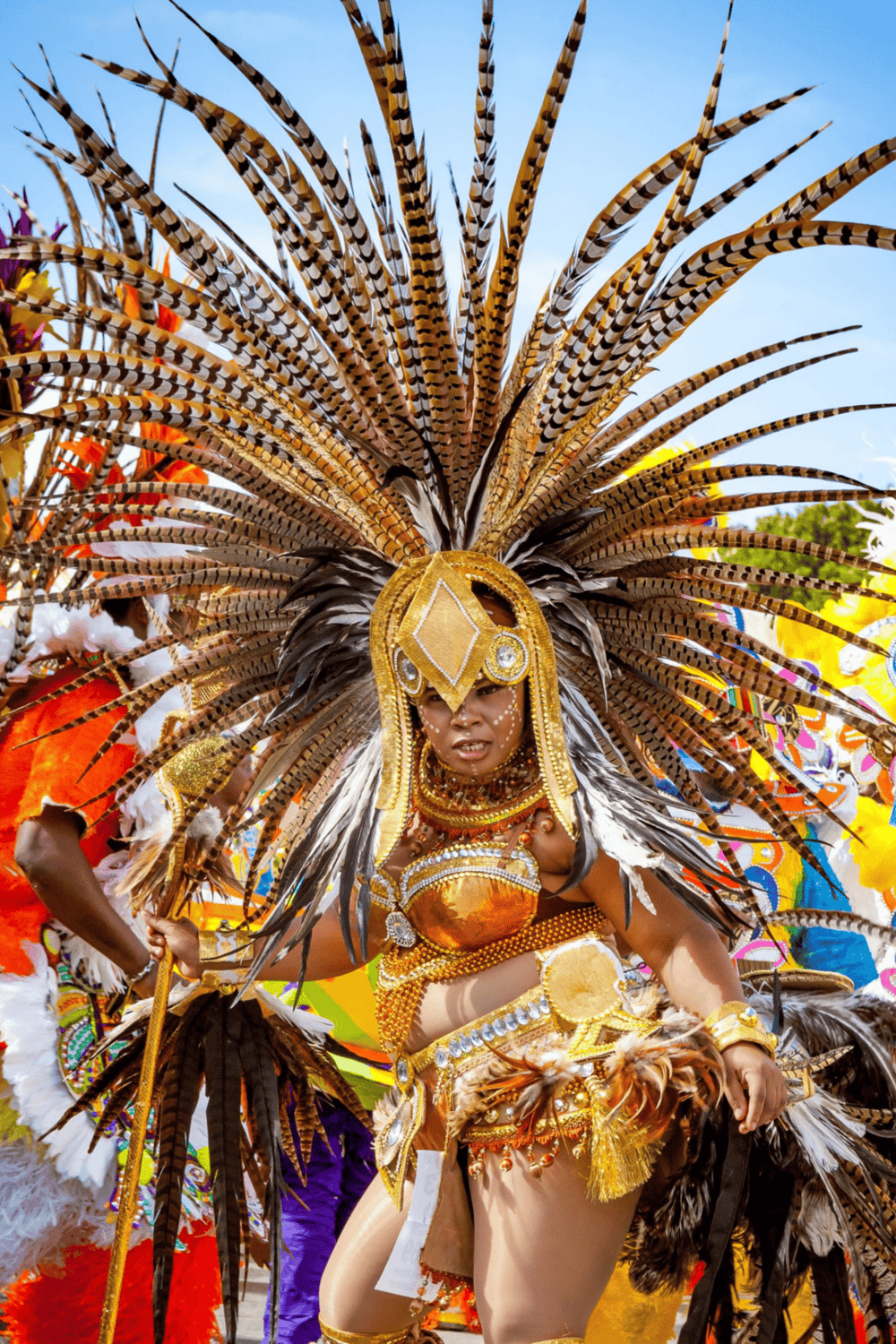 Vibrant cultural parade featuring a woman in elaborate feathered costume for QuestForDirections event.