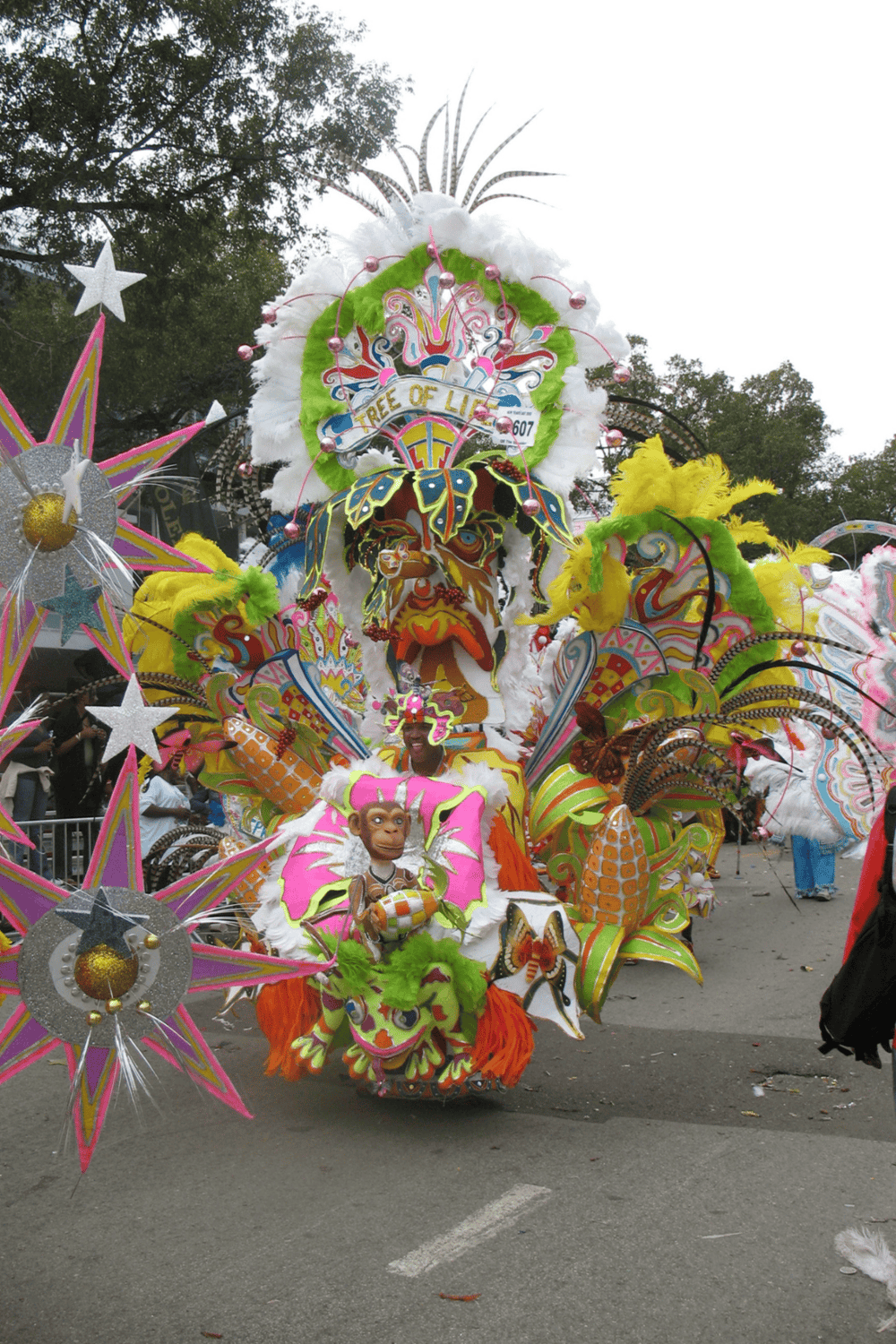 Colorful parade costume featuring vibrant feathers and playful animal motifs at Quest for Directions festival.