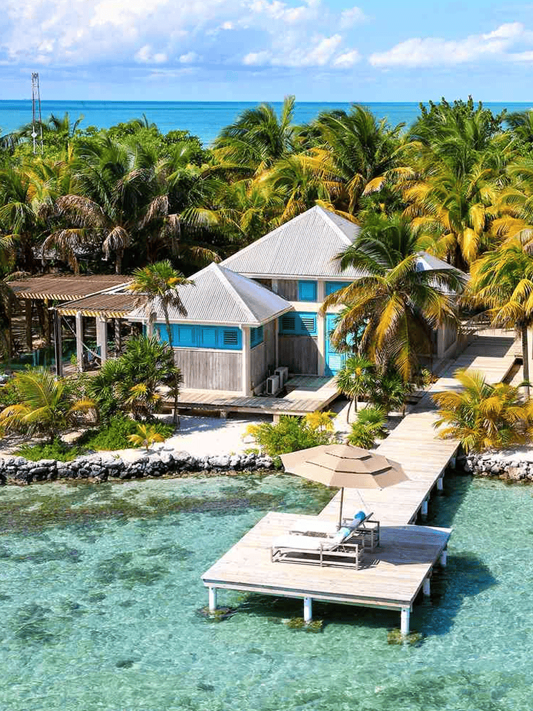 Cozy beach bungalow with private dock, surrounded by lush palm trees and turquoise ocean waters.